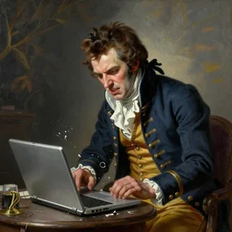 Napoleon Bonaparte rage quitting and smashing his laptop, painting by krenz cushart, wlop,
