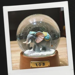 a photograph of an elephant inside a snow globe toy,  photograph