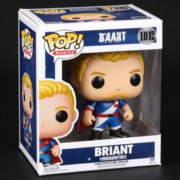 a funko figurine of a  crossfiter with blond hairs and mustache, blue white red cape in its original box, there is the name BRIANT on the box, space around the illustration,  isometric perpective, hyper realistic, mate painting mix rendering