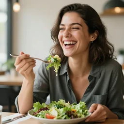 a stock image of a lady laughing while eating salad, professional detailed photo