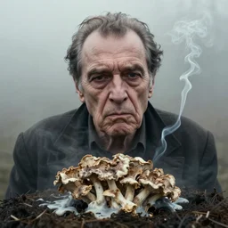 photographic portrait of wrinkly sad klaus kinski swan dried melting floral fungus with spiraling cigarette smoke, in fog