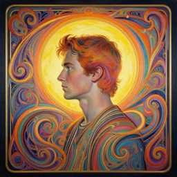 side profile centered painted portrait, the dude from the big Lebowski with a halo around his head, matte painting concept art, art nouveau, beautifully backlit, swirly vibrant color lines, fantastically gaudy, aesthetic octane render, 8K HD Resolution, by Victo Ngai and Kilian Eng and ilya kuvshinov and Cushart Krentz and Gilleard James