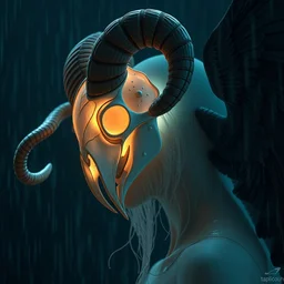 surrealism, night background rain, 3 / 4 profile close up portrait with ram skull mask of a goddess jellyfish nautilus translucent intricate crow wings phoenix, artwork by tooth wu and wlop. octane render, trending on artstation, greg rutkowski cinematic, hyper realism, high detail, octane render, 8 k