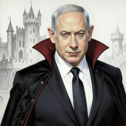 insanely detailed painting of benjamin netanyahu in vampire d, castle in background, elegant, intricate, by yoshitaka amano
