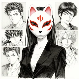portrait of a girl in kitsune demon fox mask and black suit, pen and ink, intricate line drawings, by craig mullins, ruan jia, kentaro miura, greg rutkowski