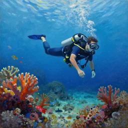 a diver in a coral reef, oil on canvas, colorful