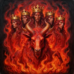 diadems, crowns, on a ten horned beast with seven heads, fiery red, detailed, intricate, matte painting by Mariusz Lewandowski, Greg Rutkowski and Jacek Yerka