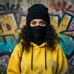 highly detailed portrait of a sewer punk student lady with trendy hoody and beanie hat and mortal kombat ninja face mask, black curly hair by atey ghailan, james gilleard, by joe fenton, by greg rutkowski, by greg tocchini, by kaethe butcher, 4 k resolution, gradient yellow, black, brown and cyan color scheme, grunge aesthetic!!! ( ( dystopian graffiti tag wall in background ) )