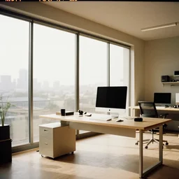 kodak portra 4 0 0 photographic and realistic, a modern room large windows with a clean desk, nothing on the desk except for a desktop computer, detailed, octane render, unreal engine, 4 k, artstation, hyper realistic, wide angle, 3 5 mm, sharp focus, warm light, in the style of gregory crewdson