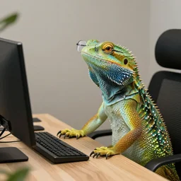 a humanized lizard who works on a desk with a computer, with eyeglasses