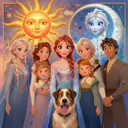 a cinematic portrait of a beautiful family photograph close up moment of a sun god and moon goddess family with a dog, portrait, klaus film, digital painting, artstation, concept art, illustration, frozen ii art masterpiece by art by krenz cushart, artem demura, alphonse mucha, yoji shinkawa, artgerm, jon lothian, danilo torres, adi meyers, thomas reimann, gaston bussiere