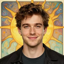 close up portrait, friendly tyler posey, abstract sun background, alphonse mucha, rhads, ross tran, artstation, artgerm, octane render, 1 6 k