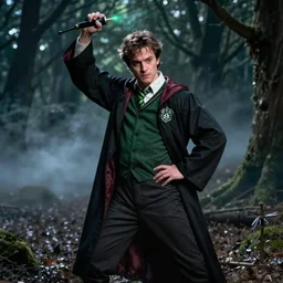 film still of salazar slytherin, in dark forest at night, glamour pose, deep focus, dramatic lighting, octane, mist, steve mccurry, volumetric lighting, 8 k