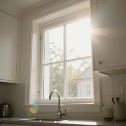 photo of interior design house, super detail of a white window in a kitchen, close up, view from bottom, sunday morning, sun, bokeh, lens flare hit camera, yellow light, diffuse light, instagram trending picture, instagram filter, professional photography