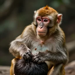 Monkey nitpicking hair on human, photograph, relaxing photo