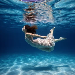 girl in a long dress swimming underwater, caustics, surreal underwater photography