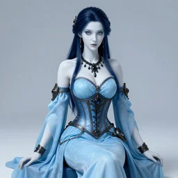portrait of a steampunk ice lady, corset, pale white skin, sky - blue dress, robes, black jewerly, dark blue hair, sitting on ice throne, beautiful fractal ice background, highly detailed, smooth, sharp focus, digital painting, artgerm and greg rutkowski and alphonse mucha