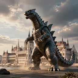 kaiju attack in budapest photography realistic, detailed, cinematic