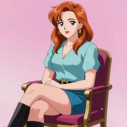 Anime portrait of Elizabeth Olsen sitting down on a chair, trending on artstation, 4k, 8k, 80s fashion, 80s style, anime art, anime style