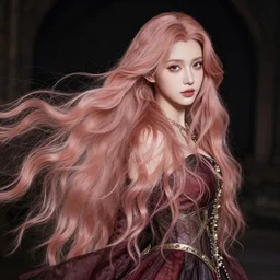 a beautiful woman with long flowing rose gold hair, detailed clothing, dark aesthetic, fantasy setting