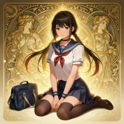 a game concept art by artgerm and greg rutkowski and alphonse mucha. in the cartoon style of honor of kings!! full body!! clear portrait of a squatting attractive japanese school girl in uniform!! sit on floor!! knee length stockings ， school bag, light effect. hyper detailed, character concept, glowing lights!! intricate, elegant, digital painting, artstation, smooth, sharp focus