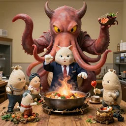 4 5 mm 1 9 9 7 cooking food photography of an corporate mascot at a bog summoning an anime demon giant isopod catgirl, photography by tyler mitchell johfra bosschart