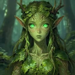 greg manchess a realistic anime portrait of a beautiful dryad with glowing green eyes and tree bark skin wearing clothes made of leaves, anime anime anime, digital painting, by stanley artgerm lau, sakimichan, wlop and rossdraws, digtial painting, trending on artstation