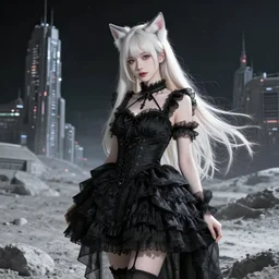 beautiful concept art of lunar cyberpunk city showing a beautiful girl with long platinum blonde hair, two - side up and cat ears standing in a black gothic frilly dress