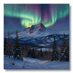 mountains, trees, beautiful nature, winter, night, norhtern lights, stars, very detailed, focused, cinematic lighting, oil painting, colorful, canvas, artstation, Sydney Mortimer Laurence, Albert Bierstadt