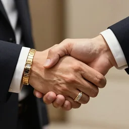 two businessmen shaking hands while wearing gold patek philippe and diamond rings, close up, stock photography, detailed, macro