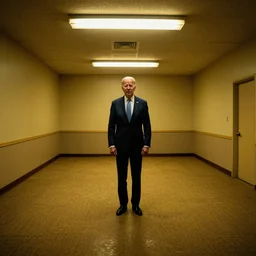 Joe Biden lost in the backrooms, old moist carpet, mono-yellow, fluorescent lights, randomly segmented rooms, eerie