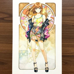 a watercolor portrait illustration by sui ishida and alphons mucha of a bishoujo as a tsundere highly detailed anime eyes wearing neon one - armed jacket and skirt with a lightning print top, platform heels. by issey miyake and balenciaga 8 k