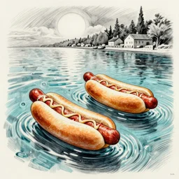 hot dogs swimming in the mediterranean, pen drawing, by picasso