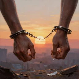 a messy painting of manacles breaking, by delphin enjolras, sunrise background, racial justice, freedom, a new dawn, highly detailed, sharp focus, cinematic, trending on artstation