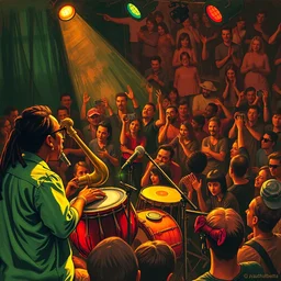 a beautiful reggae music concert, raw, brass instrument, singer, tabla, guitar, battery, crowd, by james jean, by rossdraws, frank franzzeta, mcbess, yellow red green scheme color