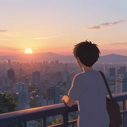 a boy watching sunrise over a beautiful city, by yoshitaka amano and alena aenami, trending on artstation, 8 k, high resolution, insanely detailed and intricate, beautiful, matte painting, unreal engine