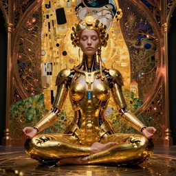 photo of a beautiful female meditating caberpunk cyborg, is connected with glowing devices, artwork by james jean, hyperdetailed realistic gold and copper metallic, jean delville, art nouveau, gustav klimt, ornate copper patina gothic icon, james jean, ultrasharp hyperdetailed photorealistic octane render, long shot
