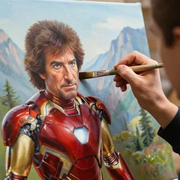 a closeup photorealistic photograph of bob ross using a paintbrush to diligently finish a canvas painting of iron man. mountains and trees. film still. brightly lit scene. this 4 k hd image is trending on artstation, featured on behance, well - rendered, extra crisp, features intricate detail, epic composition and the style of unreal engine.