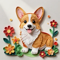 cute corgi puppy, paper quilling, flowers, swirls, colorful, fun, happy