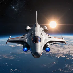still of a evenly symmetrical sleek triangular, spaceship with blue engine thrusters, orbiting a planet with the sun cresting on the horizon. detailed starry background, star citizen game render, 8 k, unreal engine, nvidia 3 0 8 0 graphics