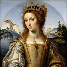 portrait of tyrannosaurus as italian queen, painting by botticelli