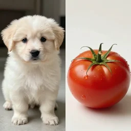 a side by side comparison of a puppy vs a tomato