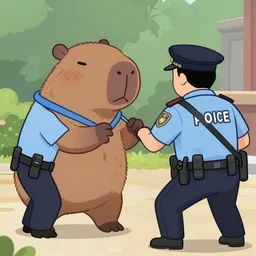 capybara policeman arresting a bear