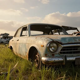 volumetric, abandoned old car close - up at a landfill, epic sky, macro, detailed, warm lighting, huge scene, beautiful, low angle, trending on artstation, art greg rutkowski, concept art, by jordan grimmer, cinematic view, high detail, vivid, grass