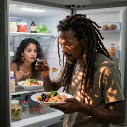 lanky black stoner with dreadlocks eating his wife's dinner in secret, open refrigerator and sulking