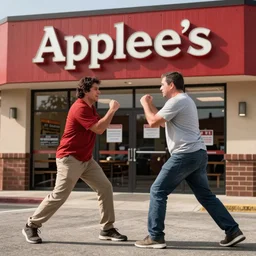 two men fighting outside of an Applebee's