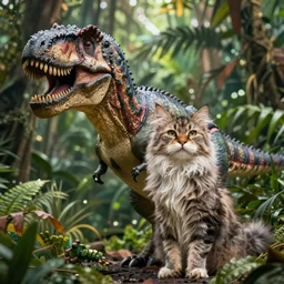 photo realism, tyrannosaurus rex cat, fluffy cat, hybrid, jungle background, 4 k, detailed