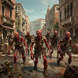Horde of redneck zombies in a steampunk Venice, 3d scene, render, ultra realistic, zenith view, Greg Rutkowski, artstation, cgsociety, unreal engine, ray tracing, detailed illustration, hd, 4k, digital art, overdetailed art, concept art, complementing colors, Trending on artstation, deviantart