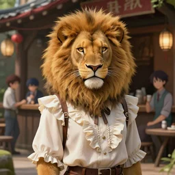 beautiful portrait of a female anthropomorphic lion fursona wearing a fancy shirt with ruffles outside a fantasy tavern. character design by charlie bowater, ross tran, artgerm, and makoto shinkai, detailed, soft lighting, rendered in octane