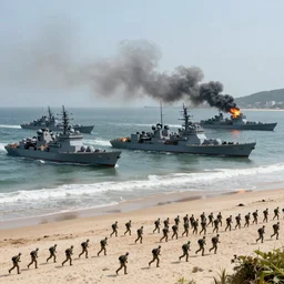 naval invasion of the coast, ships on fire, clouds of smoke, masses of soldiers running on the beach, fireballs, huge explosions everywhere, aerial view, cinematic extreme wide shot, high detail, 35mm film black and white photograph